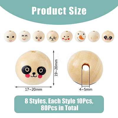 80Pcs 8 Styles Printed Wood European Beads WOOD-DC0001-07-1