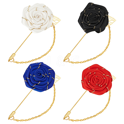 4Pcs 4 Colors Rose Polyester Lapel Pin Brooches for Men JEWB-FG0001-20-1