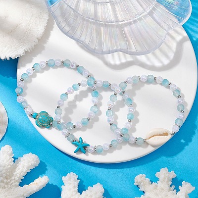 3Pcs 3 Styles Round Acrylic & Glass Beaded Stretch Bracelet Sets BJEW-JB10730-01-1