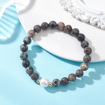 Natural Syenite & Cultured Freshwater Pearl Round Beaded Stretch Bracelets for Women BJEW-JB13321-01-1
