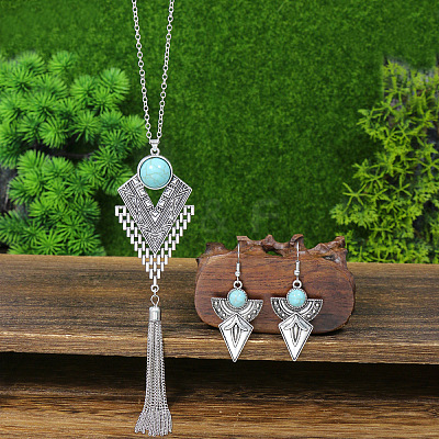 Alloy with Synthetic Turquoise Pendant Necklaces & Dangle Earrings Sets FS-WG5ED6E-01-1