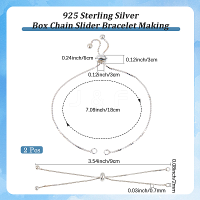 2Pcs 925 Sterling Silver Box Chain Slider Bracelet Making MAK-BBC0001-23-1