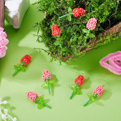 8Pcs 2 Colors Glass Seed Beaded Rose Pendants PALLOY-TA00352-1