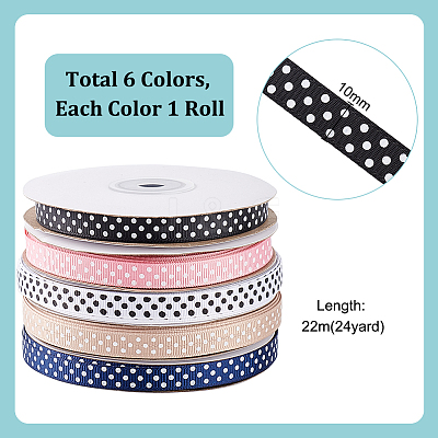 6 Rolls 6 Colors Polyester Polka Dot Print Grosgrain Ribbon OCOR-PH0004-28-1