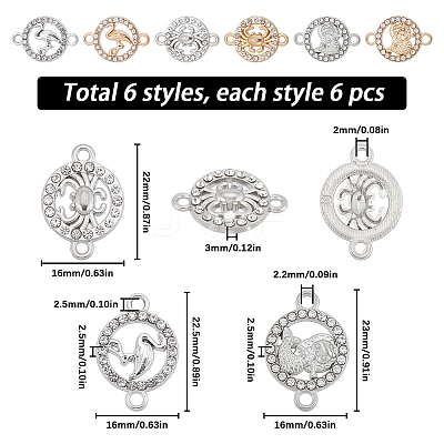 36Pcs 6 Styles Alloy Crystal Rhinestone Connector Charms FIND-SC0007-42-1