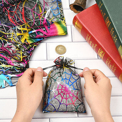 Halloween Theme Spider Printed Organza Drawstring Bags ABAG-WH20021-006F-1