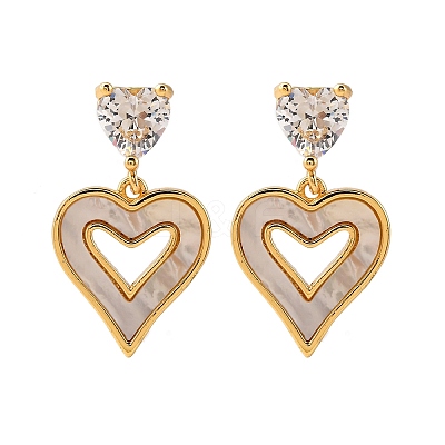 Heart Brass Micro Pave Clear Cubic Zirconia Dangle Stud Earrings KK-D363-12D-G-1