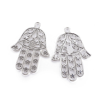 Tibetan Style Alloy Big Hamsa Hand/Hand of Fatima /Hand of Miriam Pendants TIBEP-16901-AS-NR-1