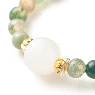 Natural Indian Agate Round Beaded Stretch Ring with Moonstone RJEW-JR00440-05-1