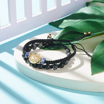 2Pcs 2 Style Natural Snowflake Obsidian & Blue Spot Jasper Braided Bead Bracelets Set with Brass Virgin Mary BJEW-JB07947-1