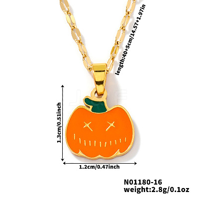 304 Stainless Steel Enamel Halloween Pumpkin Pendant Dapped Chain Necklaces DR6238-1
