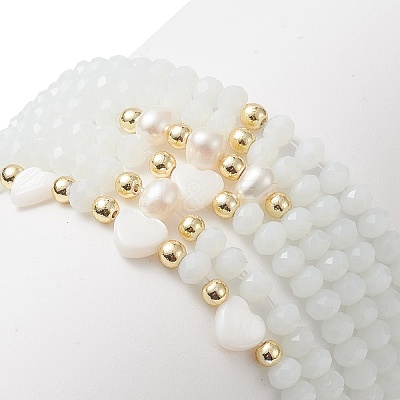 6Pcs 6 Style Natural Shell & Glass Star & Round Beaded Stretch Bracelets Set for Women BJEW-JB09945-01-1