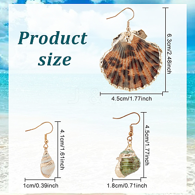 3 Pairs 3 Styles Natural Shell Dangle Earrings EJEW-AN0002-76-1
