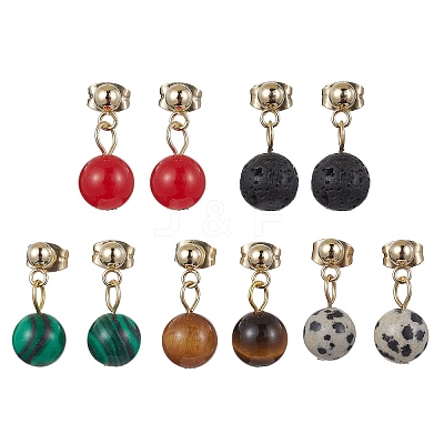 5 Pairs 5 Styles Natural & Synthetic Mixed Gemstone Round Ball Dangle Stud Earrings EJEW-JE05537-S-1
