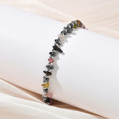 Natural Multicolor Tourmaline Chip & Non-magnetic Synthetic Hematite Beaded Bracelet for Women BJEW-Z148-02P-06-1