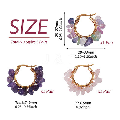 3 Pairs 3 Styles Natural Gemstone Chips Braided Hoop Earrings EJEW-TADJ00003-1