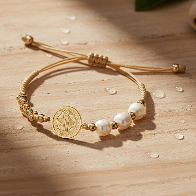 Imitation Pearl and Brass Saint Benedict Braided Bead Bracelets LS-KP6024-1