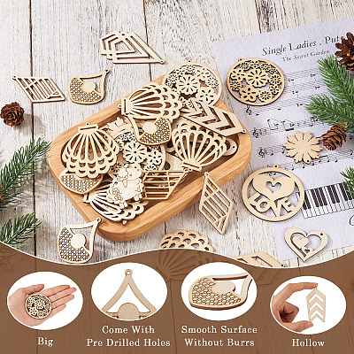 100Pcs 10 Styles Undyed Natural Wooden Big Pendants WOOD-EL0001-03-1