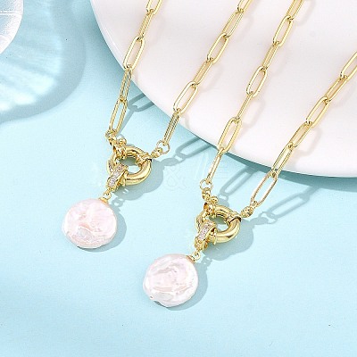 Natural Baroque Pearl Keshi Pearl Coin Pendant Brass Paperclip Chain Necklaces for Women NJEW-JN06143-1