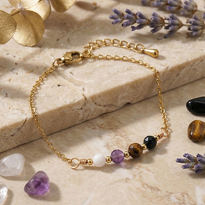 Faceted Round Natural Black Onyx(Dyed & Heated) & Tiger Eye & Amethyst & Shell Beaded Bracelets with Stainless Steel Cable Chains NW1316-1