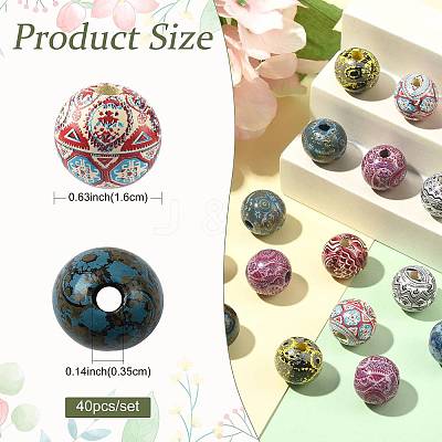 40Pcs 8 Colors Bohemian Style Printed Schima Wood Beads WOOD-FS0002-52-1