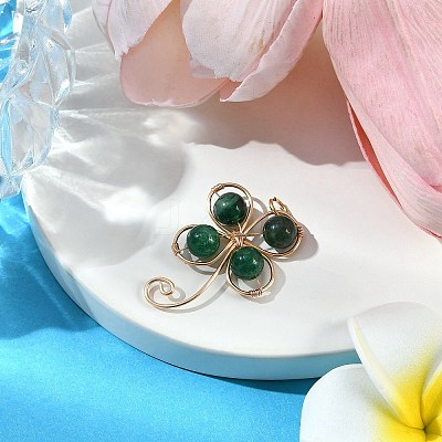 Copper Wire Wrapped Natural Emerald Shamrock Pendants PALLOY-JF02945-01-1