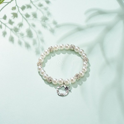 ABS Plastic Imitation Pearl  & Rhinestone Beaded Stretch Bracelet with Alloy Charm for Women BJEW-JB08526-01-1