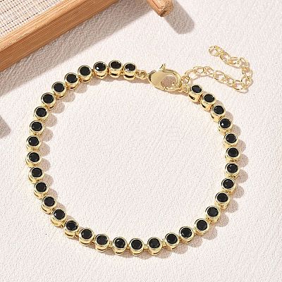 Brass Pave Cubic Zirconia Flat Round Link Chain Bracelets KK-CBA6980-17G-A-1