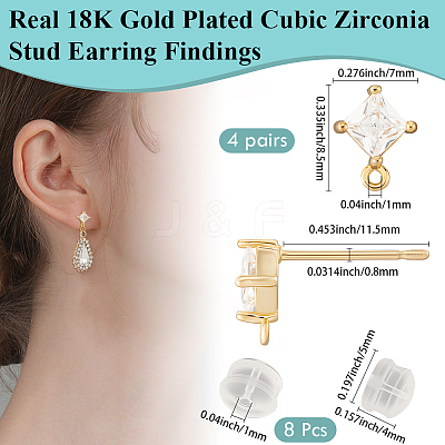 4 Pair Brass Micro Pave Cubic Zirconia Stud Earring Findings KK-BBC0020-01-1