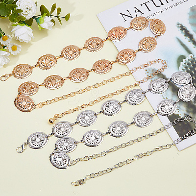 2Pcs 2 Colors Alloy Oval with Flower Link Chain Waist Belly Chains for Women AJEW-HS0001-31-1