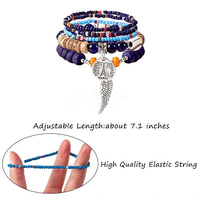 5Pcs 5 Style Wood & Glass Seed & Acrylic Beaded Stretch Bracelets Set with Baseball JB709E-1