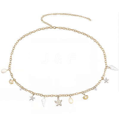 1Pc Summer Beach Alloy Starfish & Natural Shell & Imitation Pearl Tassel Waist Chains for Women AJEW-CY0003-27-1