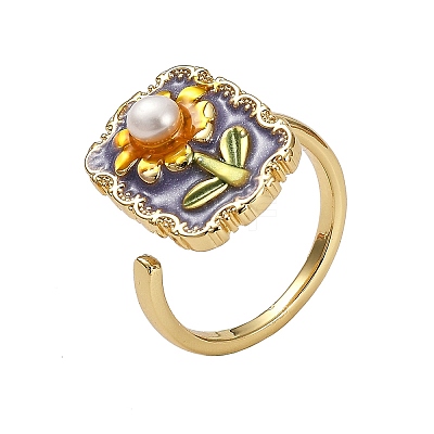 Flower Pattern Brass Enamel & Natural Freshwater Pearl Open Cuff Rings for Women RJEW-G342-01G-01-1