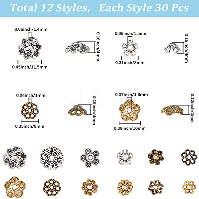 360Pcs 12 Styles Tibetan Style Alloy Bead Caps TIBE-SC0002-30-1