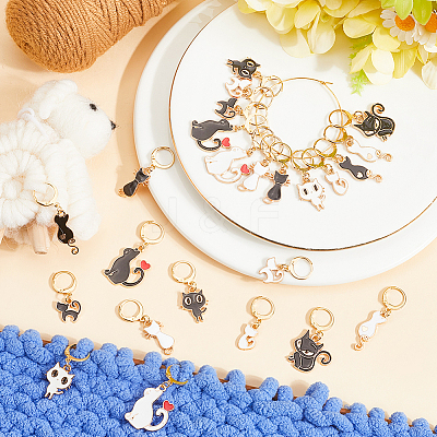 24Pcs 12 Styles Cat Alloy Enamel Pendant Locking Stitch Markers HJEW-SC00112-1