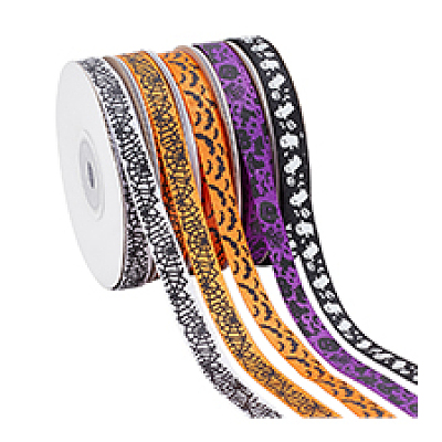 5 Rolls 5 Styles Halloween Theme Polyester Printed Grosgrain Ribbon OCOR-PH0004-42-1