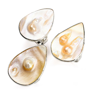 Freshwater Shell with Pearl Adjustable Finger Rings for Girl Women AJEW-Z010-03C-P-1