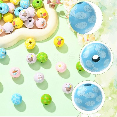 40Pcs 10 Colors Easter Theme Printed Wood Beads WOOD-FS0002-55A-1