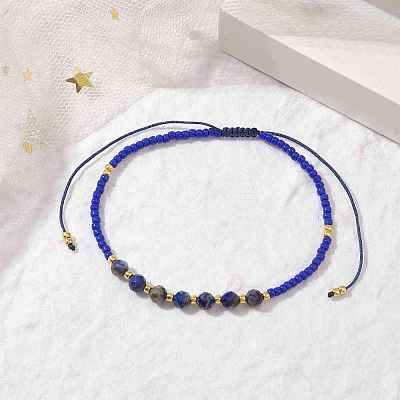 Adjustable Natural Lapis Lazuli & Seed Braided Bead Bracelets BJEW-JB10181-07-1