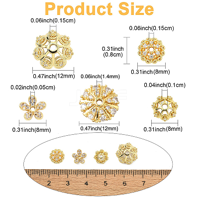 10Pcs 5 Styles Rack Plating Flower Brass Micro Pave Clear Cubic Zirconia Bead Caps KK-CJ0002-73-1