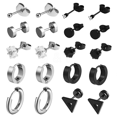 10 Pairs 10 Style Cubic Zirconia Stud Earrings and 430 Stainless Steel Hoop Earrings JE930A-1