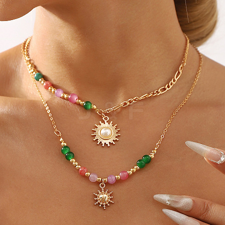 Sun Alloy Plastic Pearl Pendant Necklaces for Women NJEW-U013-11G-1