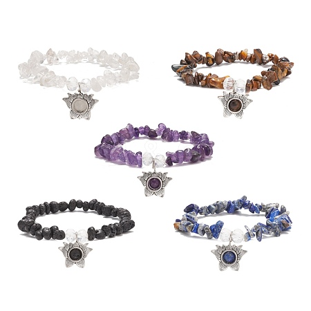 Natural Gemstone Chips Stretch Bracelet with Alloy Lotus Charms for Men Women BJEW-JB08624-1
