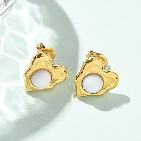 Natural White Jade & Ion Plating(IP) 304 Stainless Steel Heart Stud Earrings EJEW-A118-04G-04-1