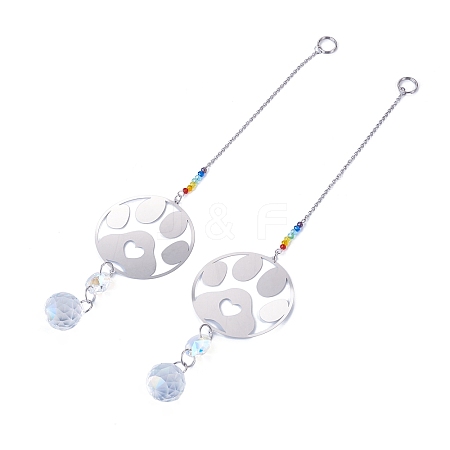 2Pcs 201 Stainless Steel Paw Print Shape & Rainbow Crystal Glass Hanging Suncatcher HJEW-TA00447-1