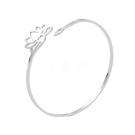 Non-Tarnish Hollow Out Lotus 304 Stainless Steel Open Cuff Bangles for Women BJEW-G701-01P-1