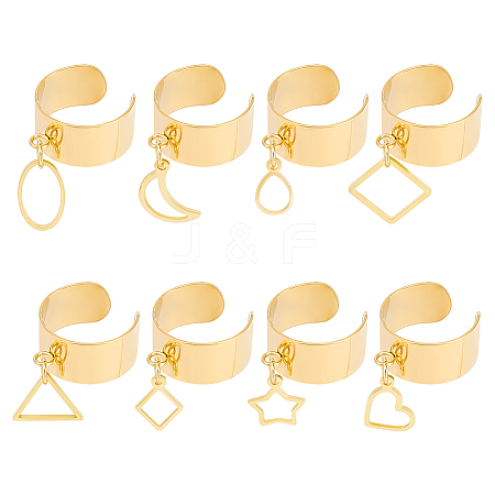 8Pcs 8 Style 304 Stainless Steel Open Cuff Rings Set with Hollow Charms RJEW-AB00002-1