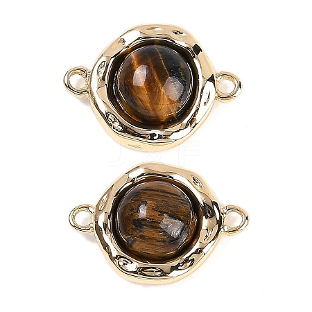 Brass Pave Natural Tiger Eye Flat Round Links Connector Charms KK-U043-45G-C-1