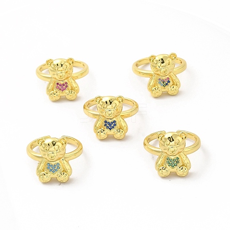 Cubic Zirconia Bear with Heart Open Cuff Ring KK-A180-38G-1