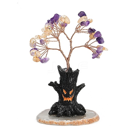 Halloween Theme Natural Amethyst and Yellow Quartz Chips Tree of Life Decorations DJEW-B013-02G-1